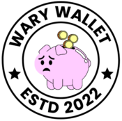 Piggy bank with worried expression and website name Wary Wallet.